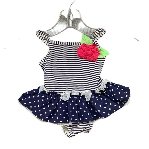 Little Me Baby Girls 6-9M One Piece Swimsuit Dress Blue Striped Nautical Bow - Picture 1 of 10